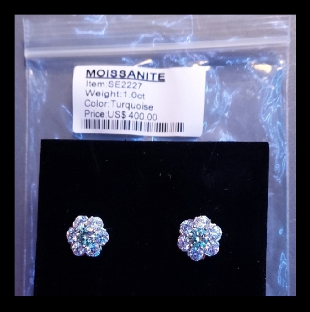 Moissanite Turquoise Flower Stud Earrings #21 - Picture 4 of 4